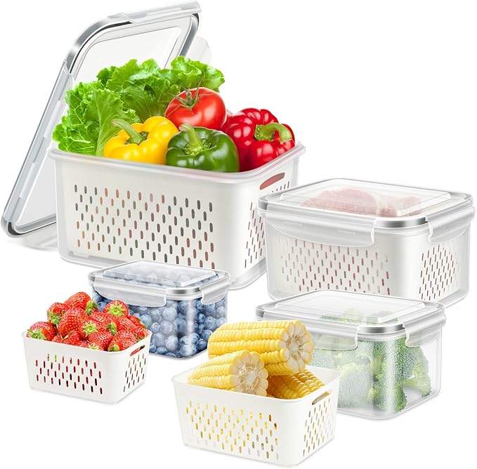 4 Pack Fridge Food Storage Container with Lids, Plastic Fresh Produce Saver Keeper for Vegetable Fruit Berry Salad Lettuce, BPA Free Kitchen Refrigerator Organizers Bins (4.15L+3.15L+1.7L+0.8L)