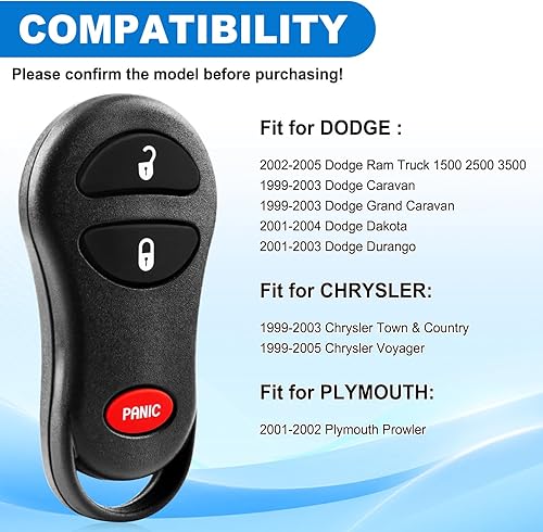 Vista 3 de Llavero para Dodge: llave de coche para Chrysler Town & Country 1999-2003, Dodge Ram Truck 1500 2500 2002-2005, Dodge Caravan 1999-2003, Dodge Grand