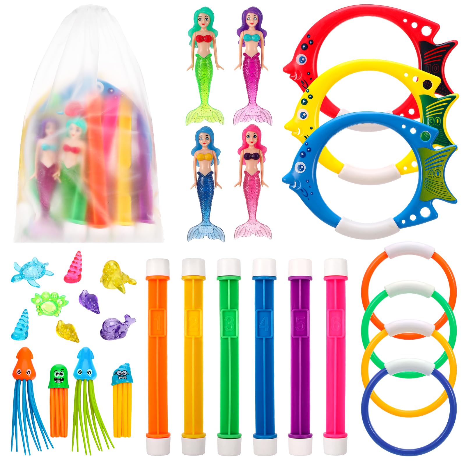 GSrenyu Diving Toys Swimming Pool, 30 Pieces Fun Swimming Pool Toy Set with Diving Rings, Torpedo, Seagrass, Marine gem Training Dive Game Toys for Kids Children