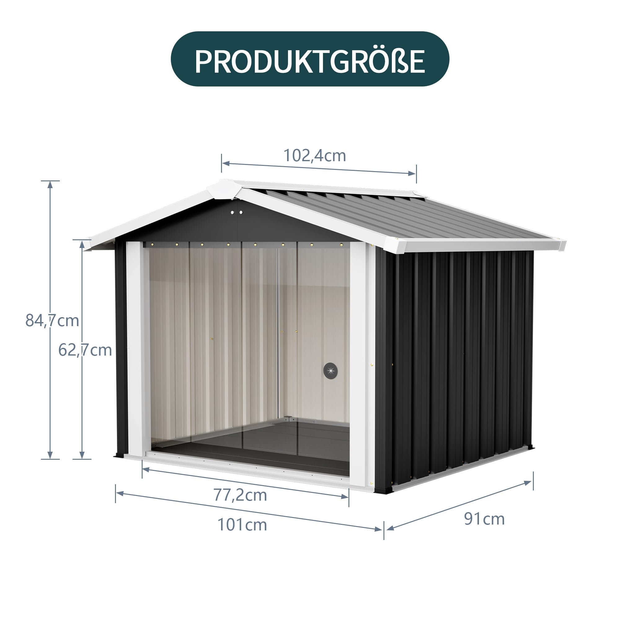 Metall Hundehütte für Draußen, Wetterfestes Hundehaus mit Transparentem Vorhang, UV-beständig & Wasserdicht, Für kleine bis mittlere Hunde, Anthrazit