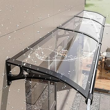 Modern Patio Windows Balcony Canopy with Polycarbonate Curved Awning Outdoor Sunlight Protection Size 120x200cm Color Black
