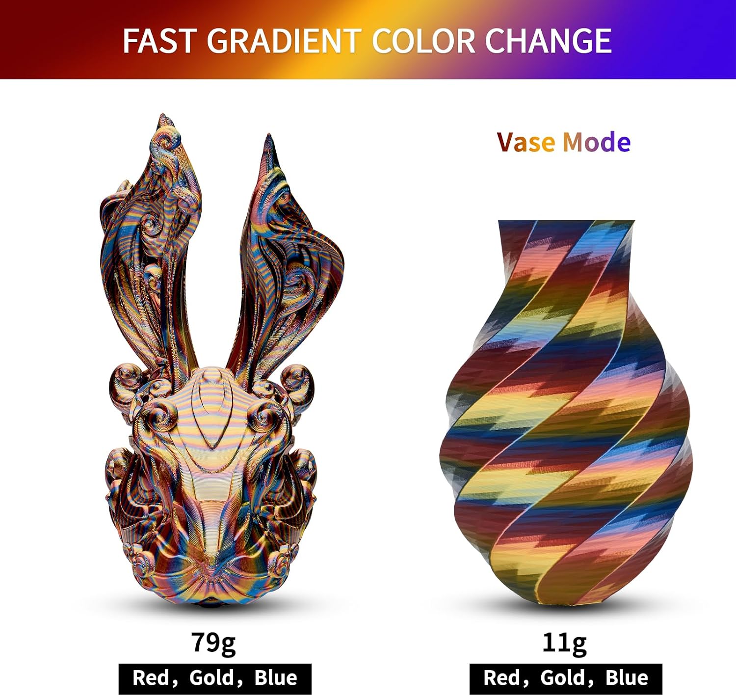 ERYONE Twist Rainbow 3D Printer PLA Filament 1.75 +/-0.03mm, Shiny Multicolor Filament PLA 1KG(2.2LBS), Shadow(Red Gold Blue)