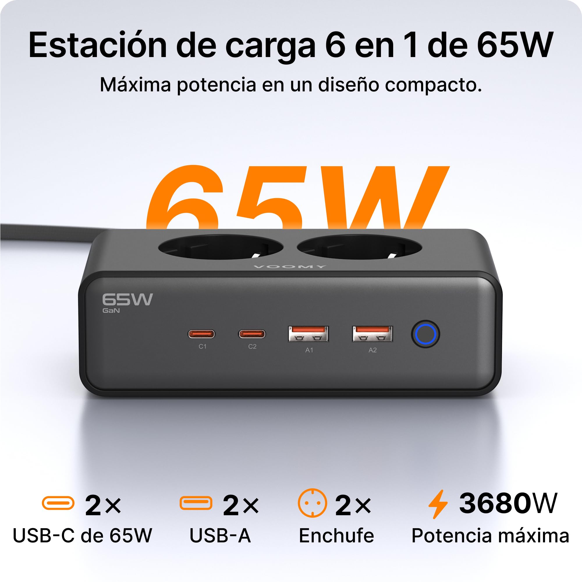 Voomy Regleta de Enchufes con Puertos USB de 65W, Protección contra Sobretensiones, Sobrecarga y Cortocircuito, Cierre de Seguridad, 2 Metros (Negro)