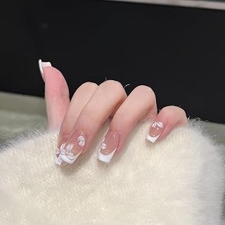 10Pcs Handmade Press On Nails Medium With Tools,Nude White French Tip Square Fake Nails with Designs,Hand-Painted White Floral Sculpted Salon Acrylic Glue on Nails for Wedding Party Daily(XS)
