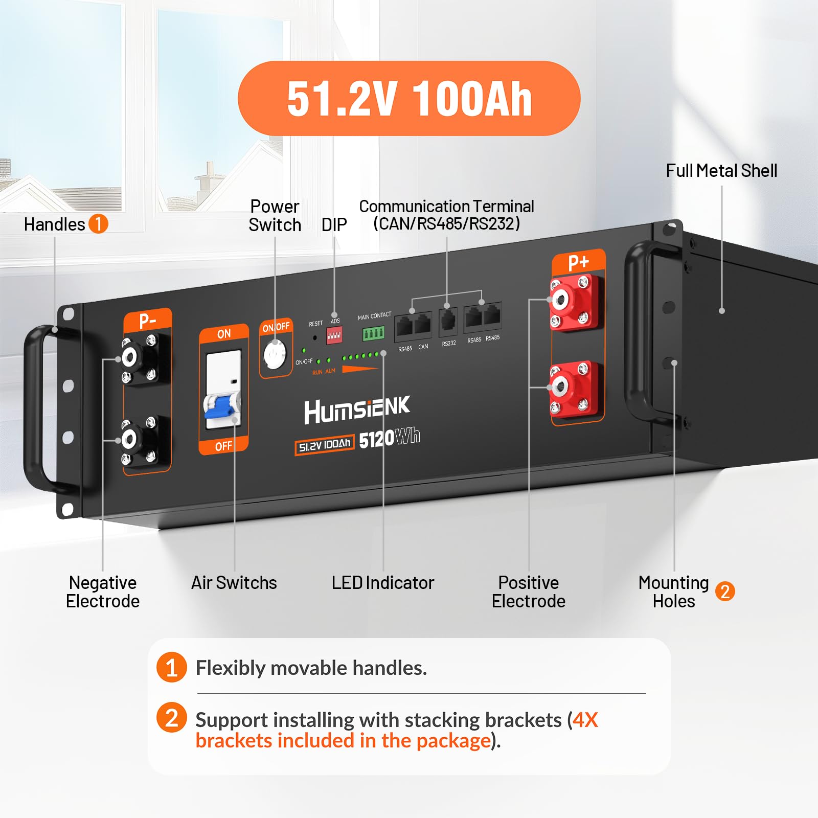 Batteria 48V 100Ah LiFePO4 per Impianto Fotovoltaico 5kW Completo, 2 Packs | HumsiENK Accumulo 10kW con BMS 100A e Bluetooth, Rack 3U 51.2V 5120Wh per Sistema Solare