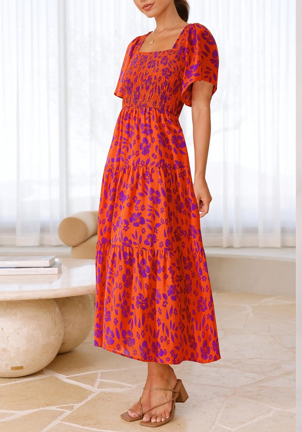 BTFBM Women's Clothing Wedding Guest Dresses Casual Boho Floral Short Sleeve Smocked Maxi Beach Spring Summer Dress 2026 - Image 7