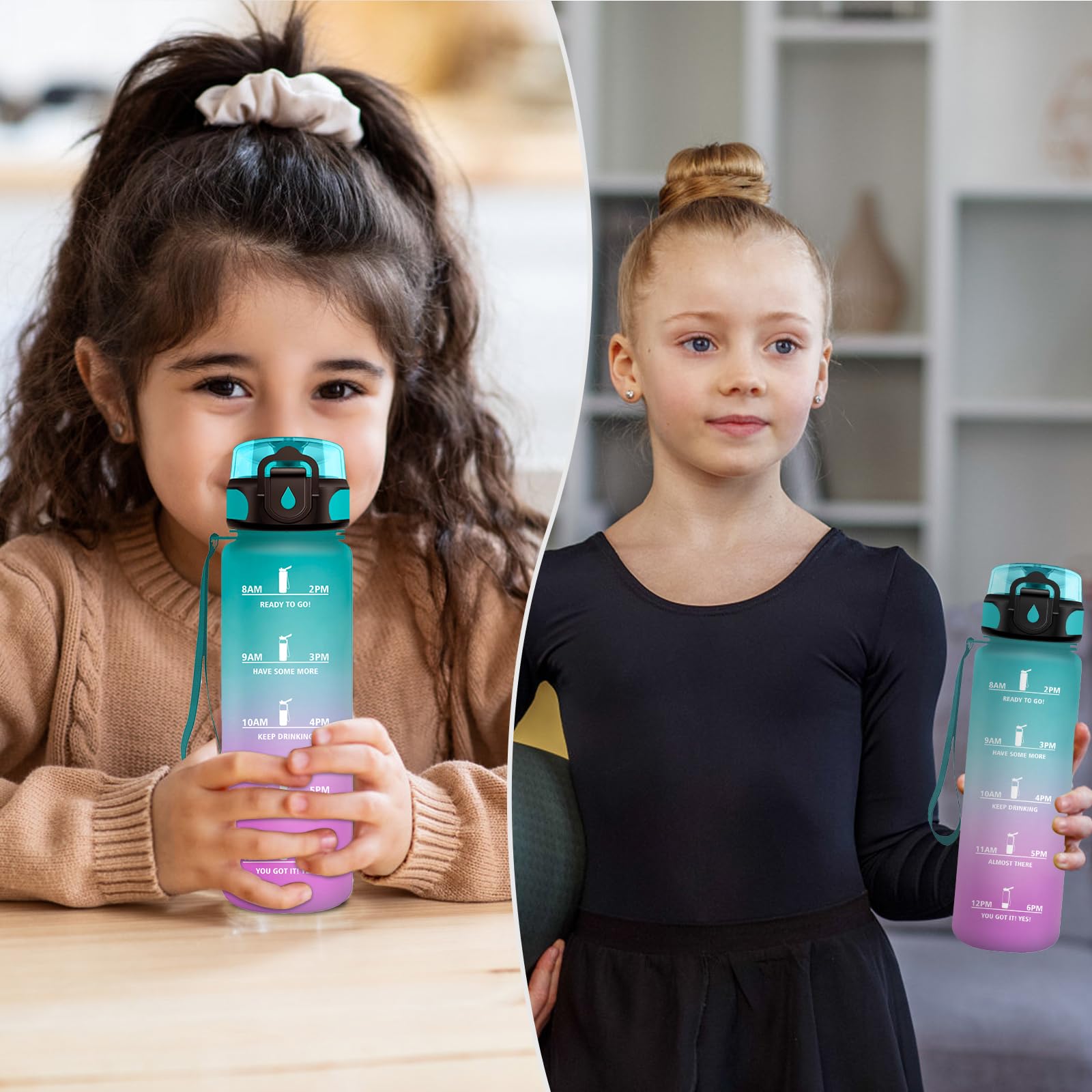 Borraccia 500ml, Borraccia con Indicatore del Tempo Motivazionale, Bottiglia con Filtro, Borraccia Bambini, a Prova di Perdite, Borracce per Bambini, Sport, Palestra, Scuola, Gym, Ufficio, Yoga