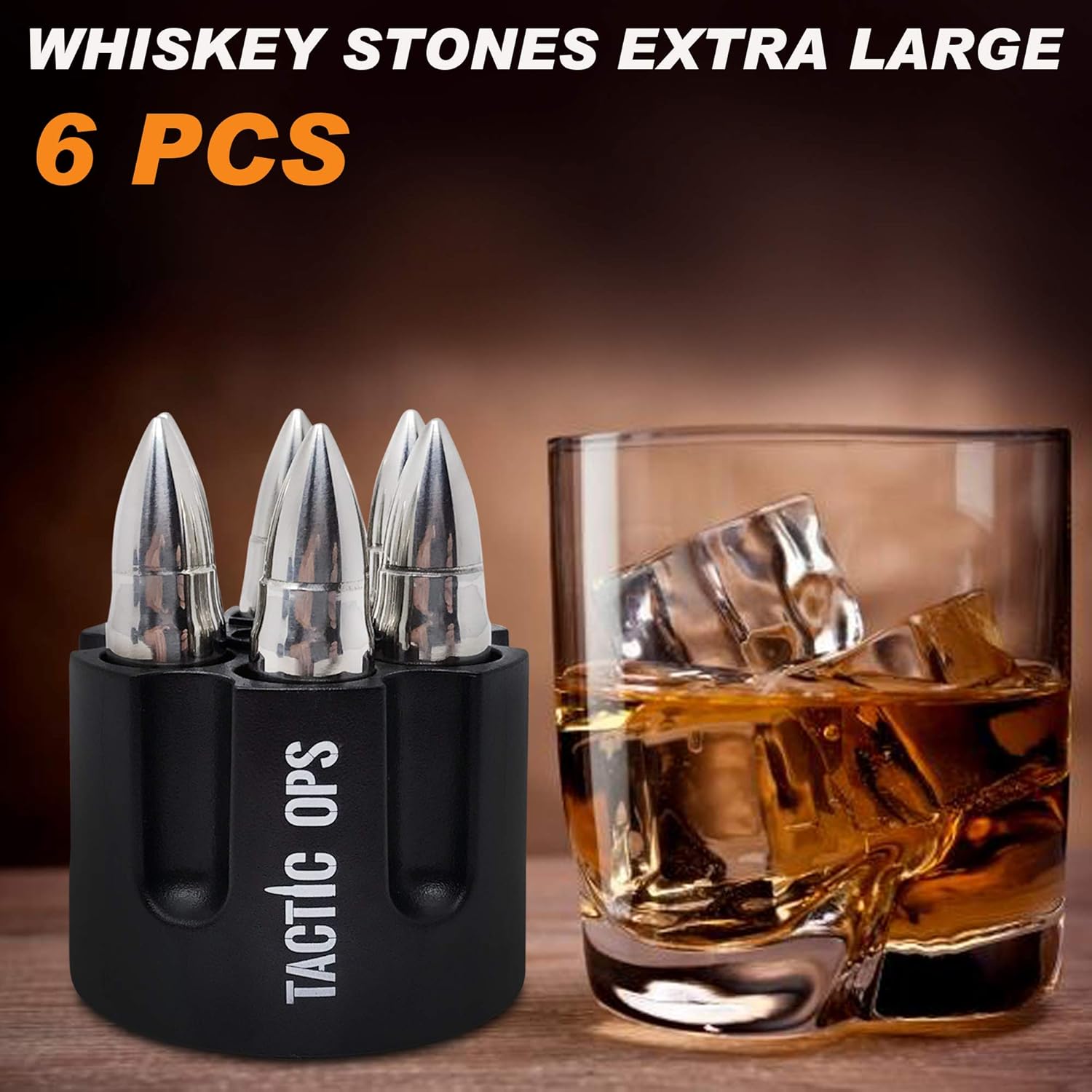 Bullet Shaped Bourbon Stones - Made of Stainless Steel - SUPER COLD! XL 2.5" - 6-Pack Whiskey Rocks - Metal Ice Stone Cubes Chillers Scotch