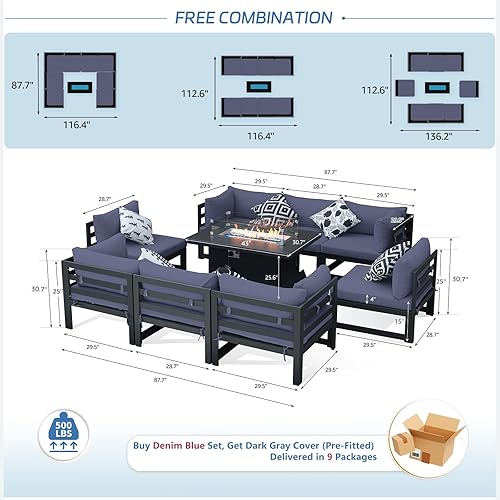 Miniatura 908 de NICESOUL 7 Piece White Powder-Coated Aluminum Patio Furniture with Fire Pit Table, 29 Inch Extra Wide Outdoor Sectional Sofa for 6, High-End Heavy
