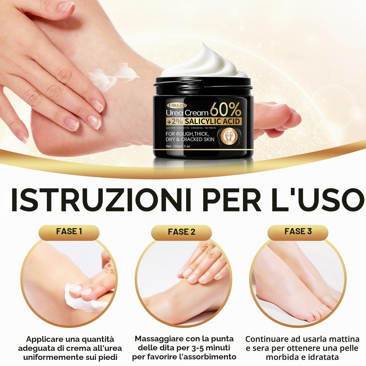 Crema Urea per Piedi e Mani, Crema Piedi Urea 60% con Acido Salicilico 2%, per Mani, Talloni, Gomiti e Ginocchia, Un'idratazione Profonda, Screpolati Rimozione e Ammorbidimento Dei Calli, 150g