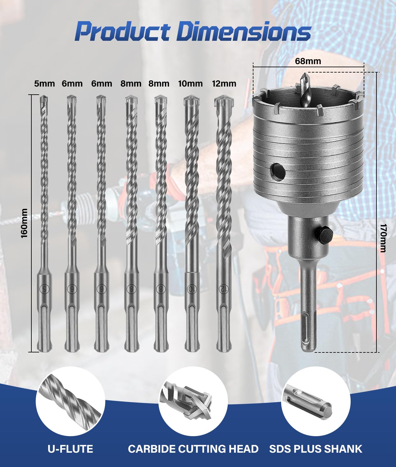 WADEO Set 7 Pezzi Punte SDS Plus 160mm + Seghe a Tazza Ø68mm, Punte per Muratura in Metallo Duro, per Calcestruzzo, Mattone, Pietra - Accessori Professionali per Trapani