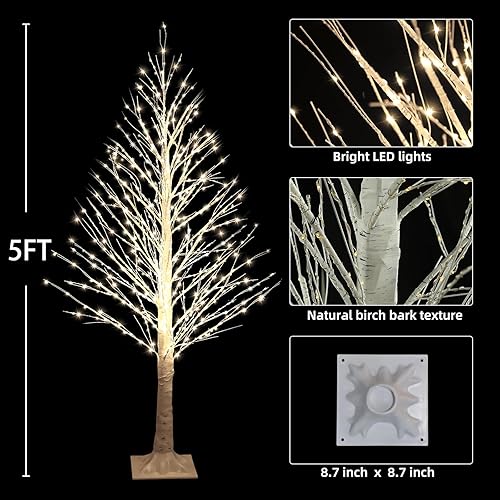 Miniatura 3 de Árbol de abedul iluminado de 5 pies con luces parpadeantes, 560 luces LED blancas cálidas con temporizador, árbol de Navidad iluminado por LED para