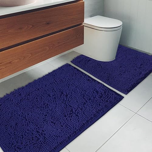 Miniatura 2 de Juego de 2 tapetes de baño de chenilla, superabsorbentes, parte trasera antideslizante de PVC fuerte, tapetes de baño para baño, felpa peluda,
