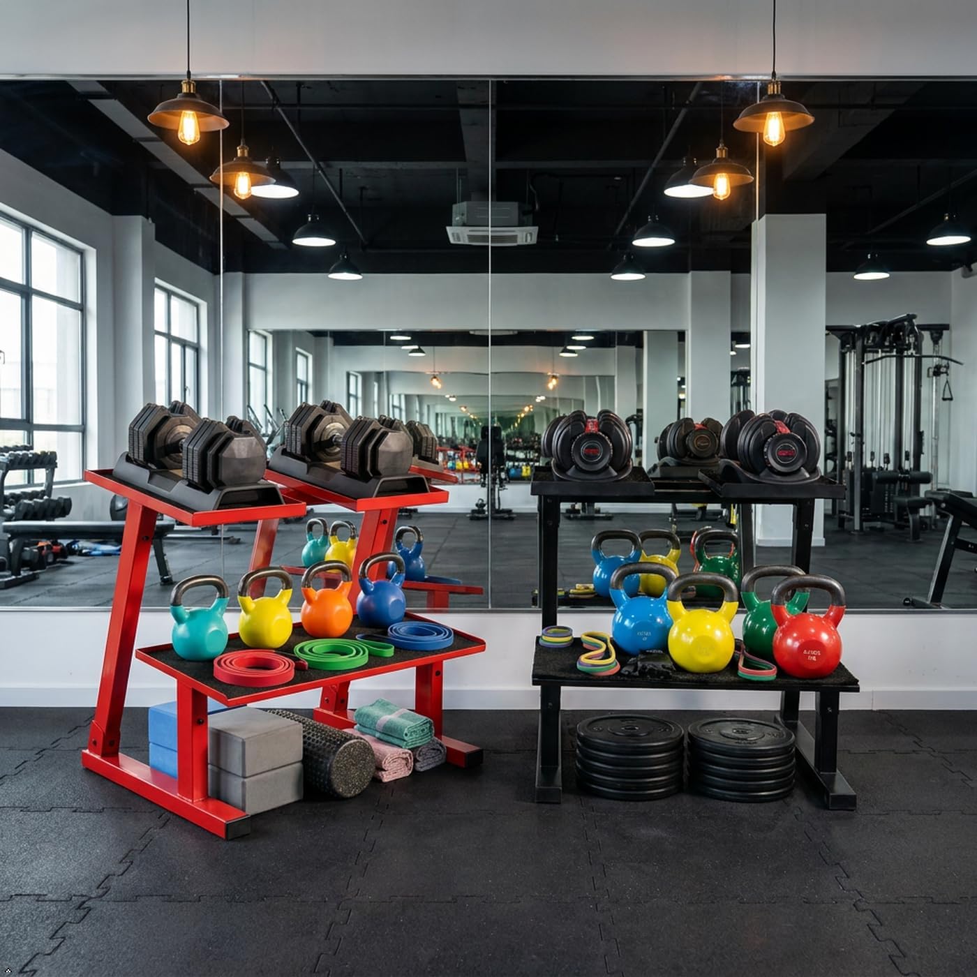 Dumbbell & Kettlebell Rack, 2-Tier & 3-Tier Heavy Duty Weight Storage Stand, 500LB/1800LB Load Capacity Thick Steel Fitness Equipment Organizer, Freestanding Workout Gear Holder for Home Gym Garage Commercial Use, 2-Tier Black & Red / 3-Tier Black