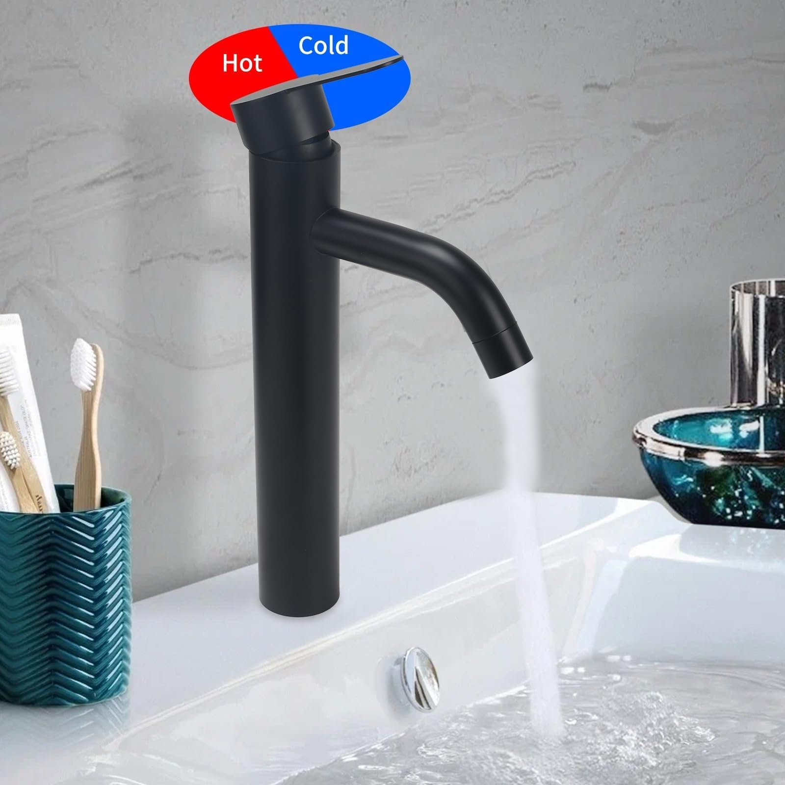 Grifo de Lavabo Alto Negro de Acero Inoxidable Cromo Monomando Baño Control de Agua Fría Y Caliente