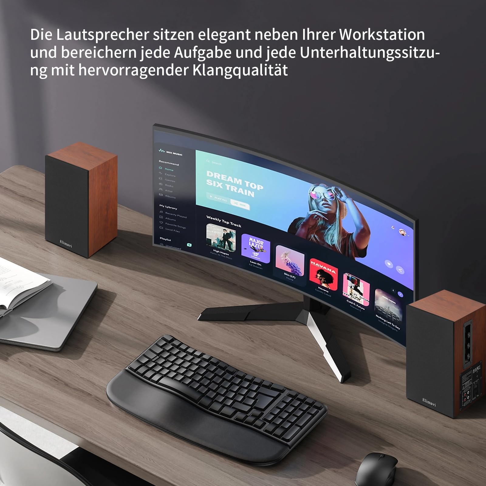 Elimavi Aktive Regallautsprecher 35W RMS, Ausgestattet mit 4 Zoll Woofer und 1 Zoll Tweeter, unterstützt Wandmontage, mit RCA-Eingang, kompatibel mit Fernsehern, PCs und Plattenspielern, Gelb