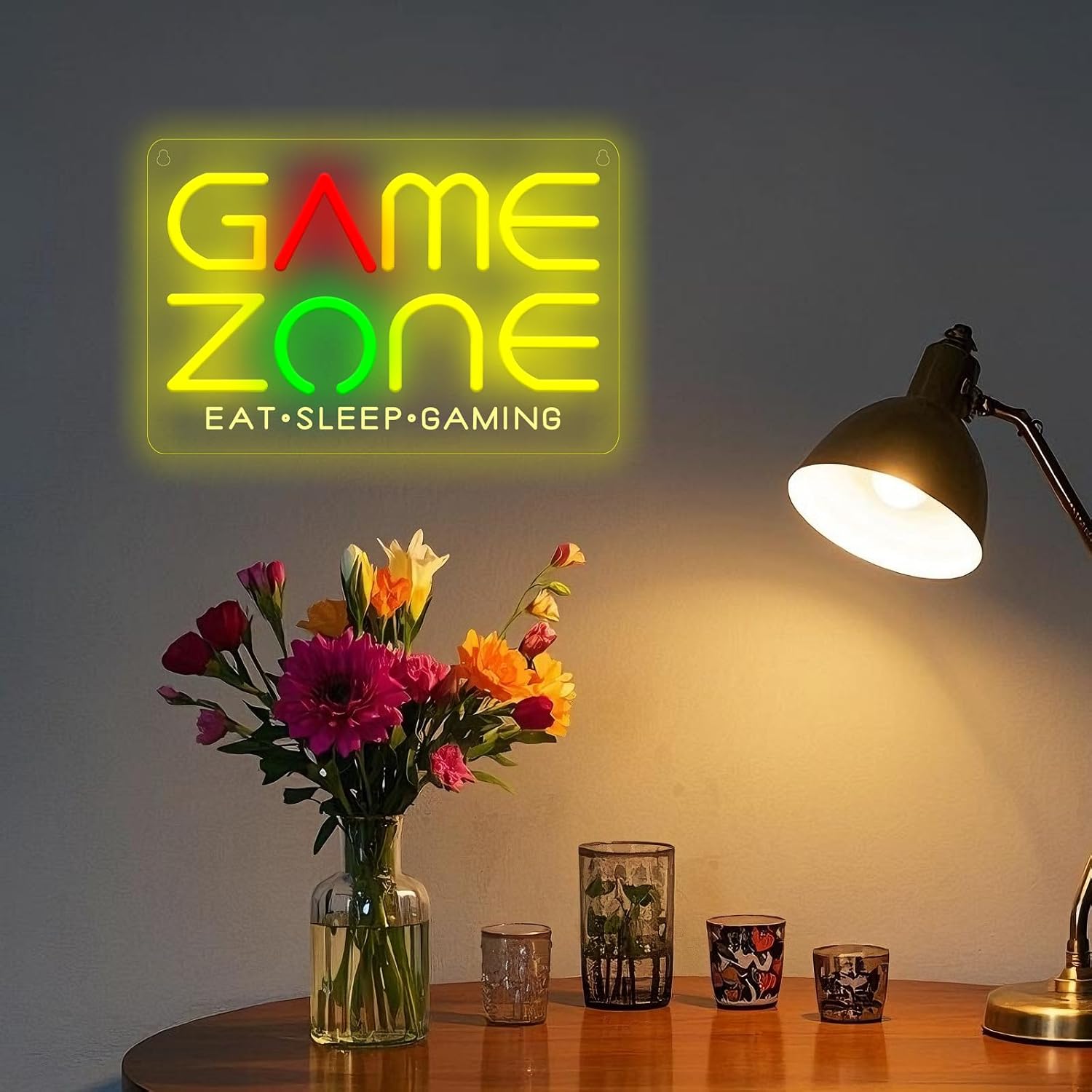 GAME ZONE Neon Sign - Multi-Color LED Gaming Light with Lemon Yellow, Red & Green Game Symbols, Eat Sleep Gaming Design，Dimmable Arcade Decor for Gaming Room, Man Cave, Gift for Gamers