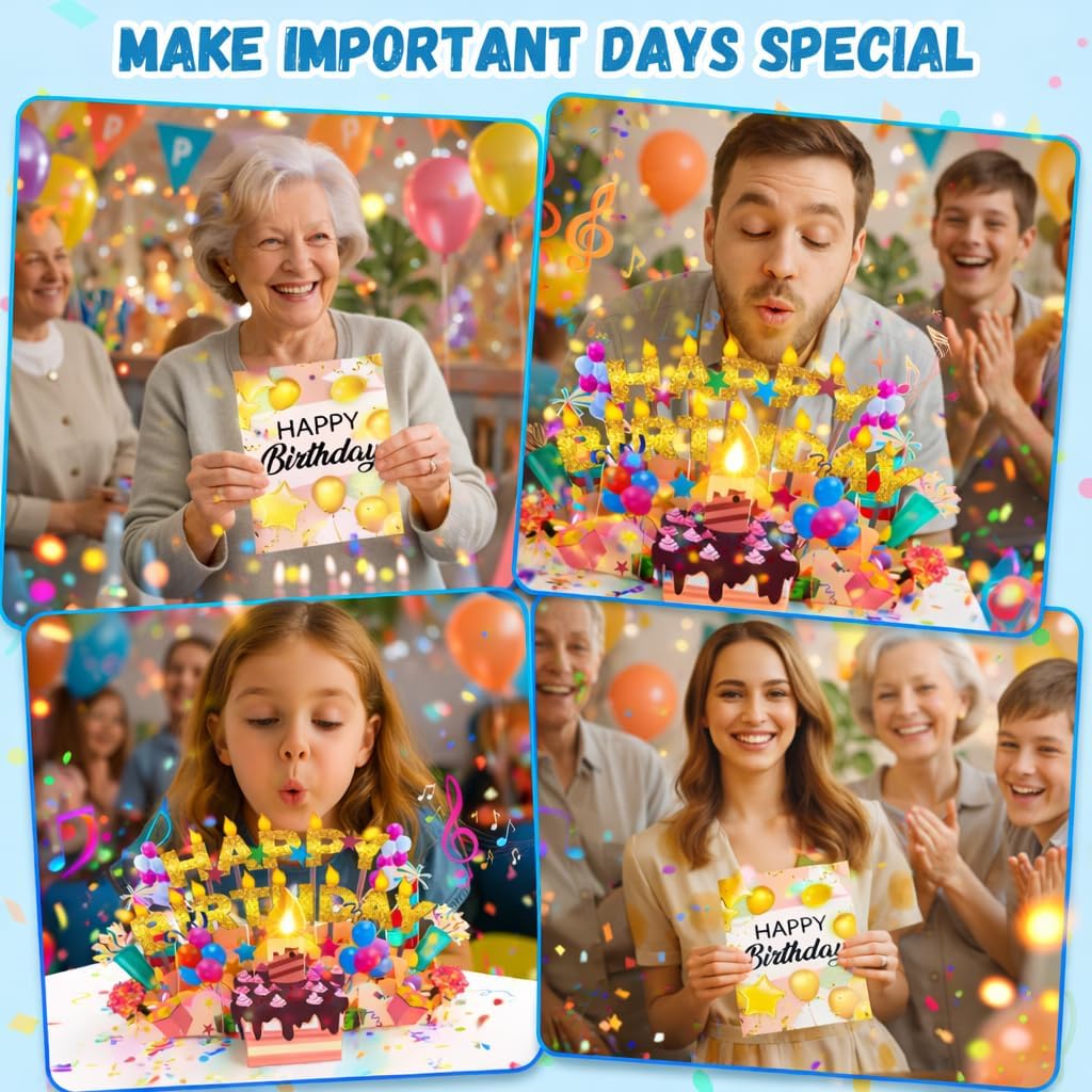 Lupow 3D Pop Up Musical Birthday Cards with Lights & Blowable LED Light Candle – Interactive Singing Happy Postcards Birthday Decorations Greeting Cards Birthday Cards for Women, Men, Mom, Wife, Husband, Boy, Girl - Image 4