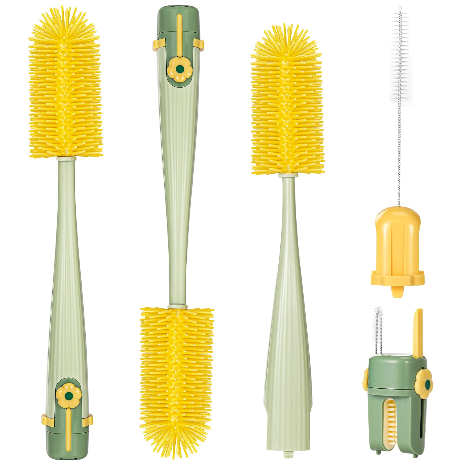 Pack de 2 Scovolino Biberon, 5-in-1 Scovolino Per Bottiglie con Spazzolino Integrato per Tettarelle, Cannucce, Pulisciorlo a U e Gancho Extractor, Durevole & Compatto, Verde
