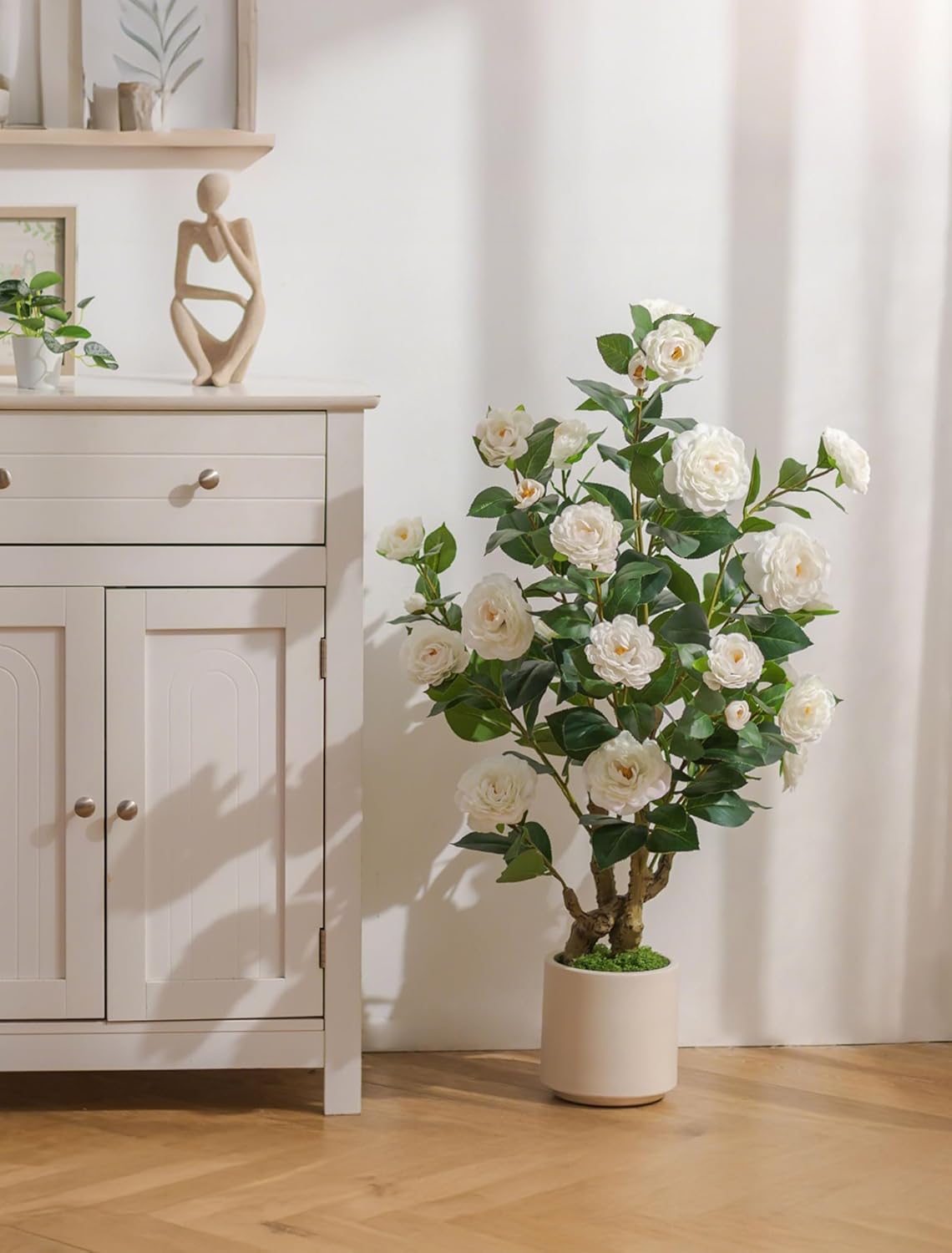BLOSMON Artificial Flower Tree for Porch: 3.3ft Fake Trees Set of 2 for Home Front Door Decor Indoor Faux Plants Outdoor - White Camellia Plant with Pot for Living Room Patio Deck Yard Decoration