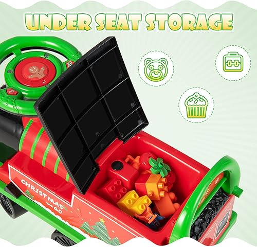 Vista 5 de OLAKIDS Tren de paseo para niños con pista, juguete eléctrico de 6 V con luces y sonidos, reposapiés retráctil, almacenamiento debajo del asiento