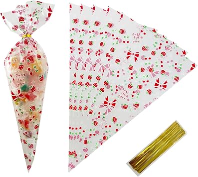 PABCK Cellophane Treat Bags Party Favors Popcorn Bag 6.69x11.8 inch 50 Pcs | Cone Shaped Clear Plastic Gift Wrapping Cellophane Bags for Candy Cookie Snack Packaging Food Storage with 50 Gold Twist Ties