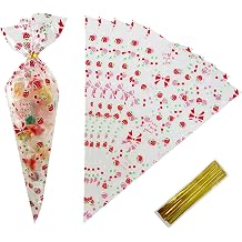 PABCK 50Pcs Cone Shaped Cellophane Treat Bags 6.69x11.8 inch Party Favor Gift Wrap Cellophane Bag Clear Plastic Bags for Candy Cookies Popcorn Snack Packaging Food Storage Bag Triangle with 50 Gold Twist Ties