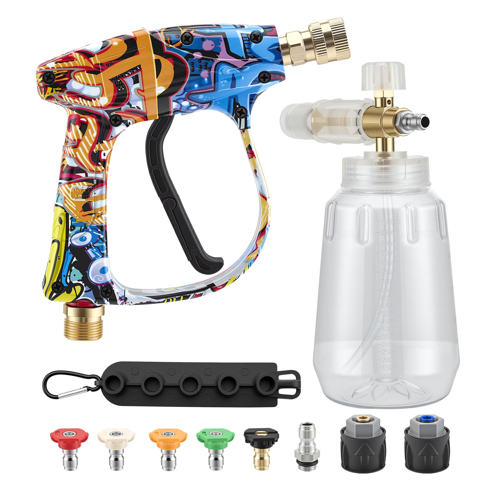 5200PSI Short Pressure Washer Gun with 1L Snow Foam Bottle & 5 Sprayer Nozzles and 2 Hose Connectors, M22 14mm Hose Connector to 1/4'' Quick Connector Car Clean Gun, Soap Dispenser for Car Wash
