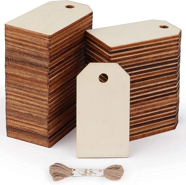 100 Pack Unfinished Wooden Gift Tags, Binswloo Wood Craft Tags with Hole and 10M Jute Twine for Crafting, Painting, Wedding Décor, Hanging Decorations