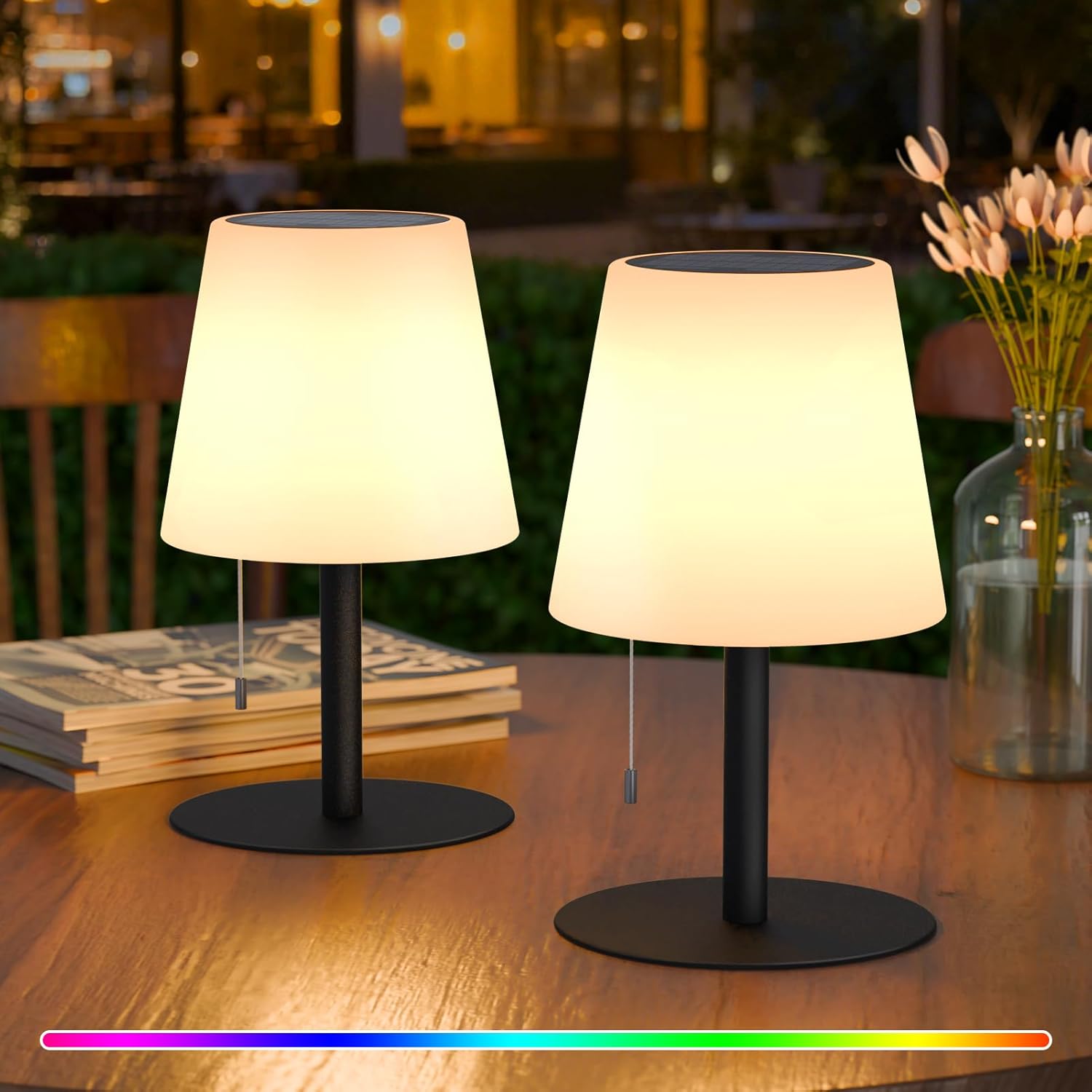 uuffoo 2 Pack Solar Table Lamp Cordless Rechargeable Outdoor Solar Table Lamps Warm White RGB Colors Water-Resistant for Yard, Patio, Terrace Table Light for Home Use (Pebbled Black)