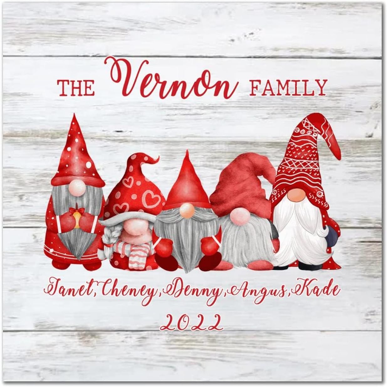 Christmas The Gnome Family Wood Signs Rustic Custom Your Family Member Name Wooden Art Wall Hello Winter Wall Art Hanging Farmhouse Decoration Plaque For Home Front Door Porch Garden Yard 16x16in