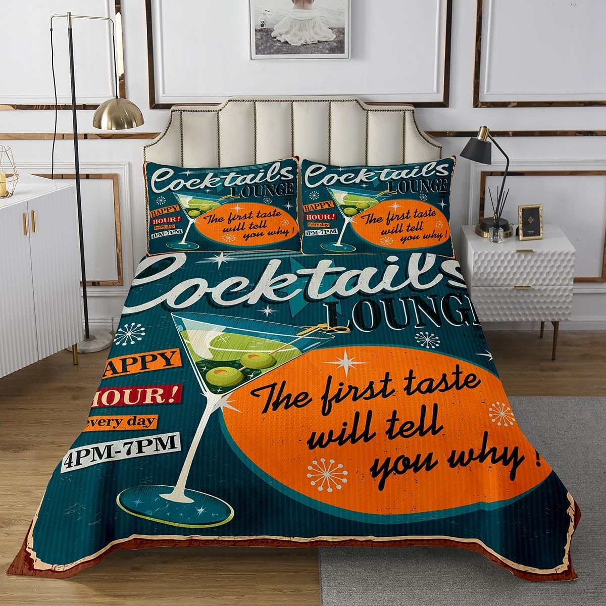 Homewish Vintage Cheer Beer Theme Bedspread Twin Size,70s Retro Yellow Green Style Comforter Set Beer Festival Bedding Set 2pcs Kids Teens Men Boys Room Decor Cheer Quotes Quilt Set,1 Pillowcase