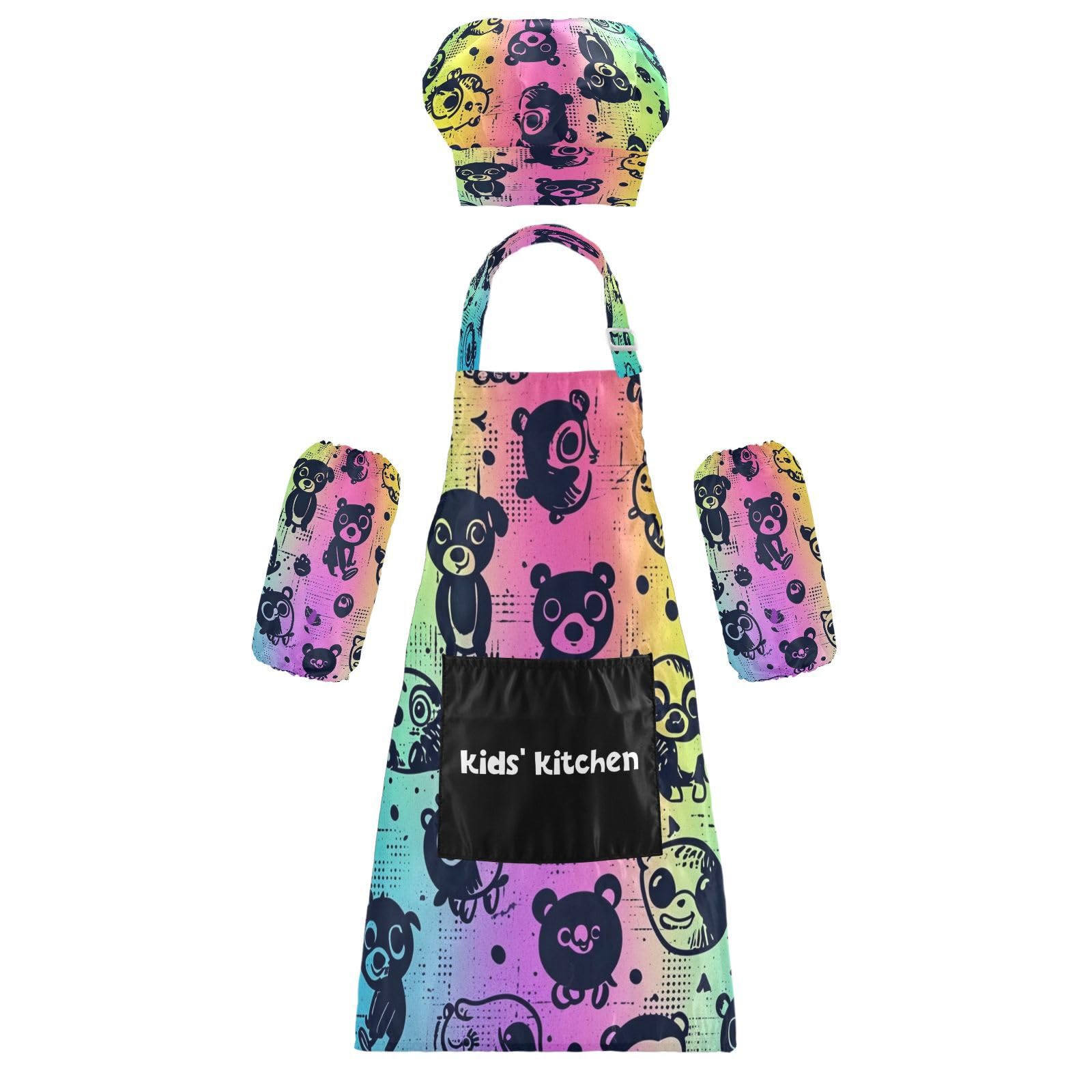Bulletgxll Rainbow Animals Kids Apron and Chef Hat Set Adjustable Bib Aprons with Pockets for Cooking Baking Painting
