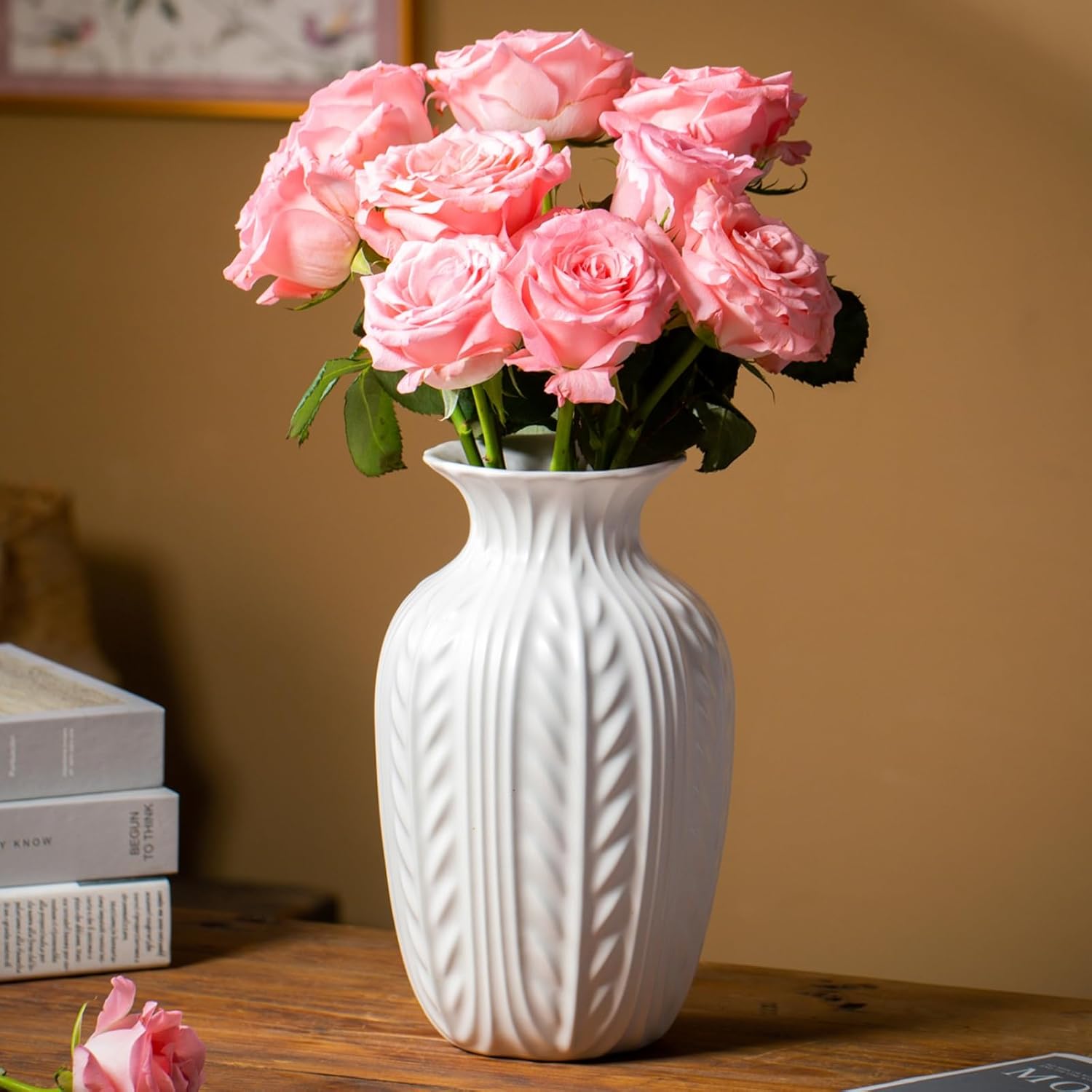 Matte White Ceramic Flower Vase, 10 Inch Unique Wheat Ear Textured Modern Large Vases for Trendy Home Decor Living Room Entryway Shelf Office Rustic Table Centerpiece (Matte White) - Image 9