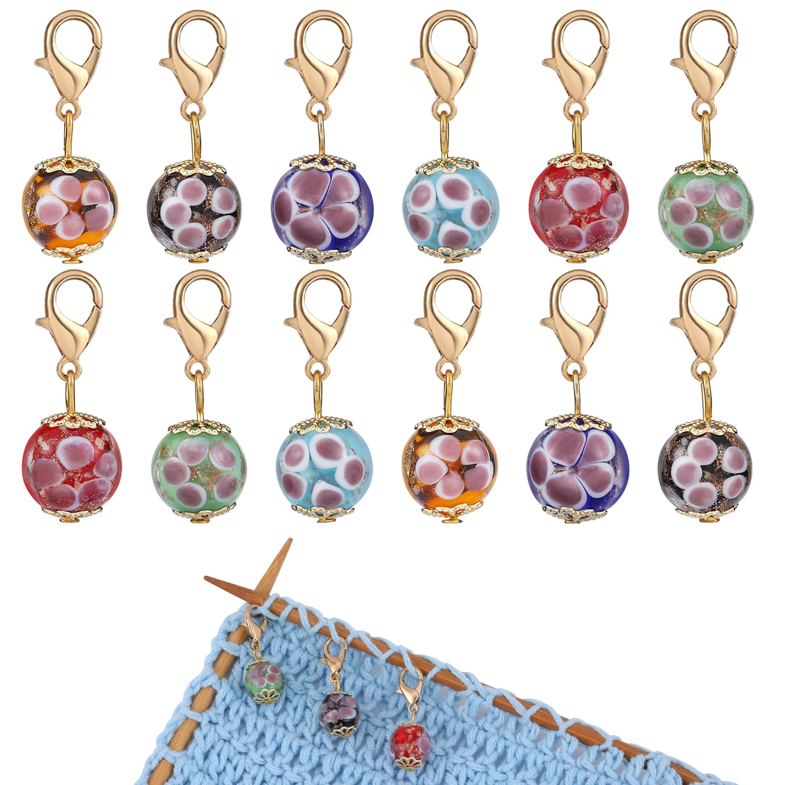 COGCHARGER 12Pcs Luminous Glass Bead Stitch Markers Removable Crochet Knitting Markers with Lobster Clasp Charms for Sewing Knitting Weaving Accessories DIY Craft