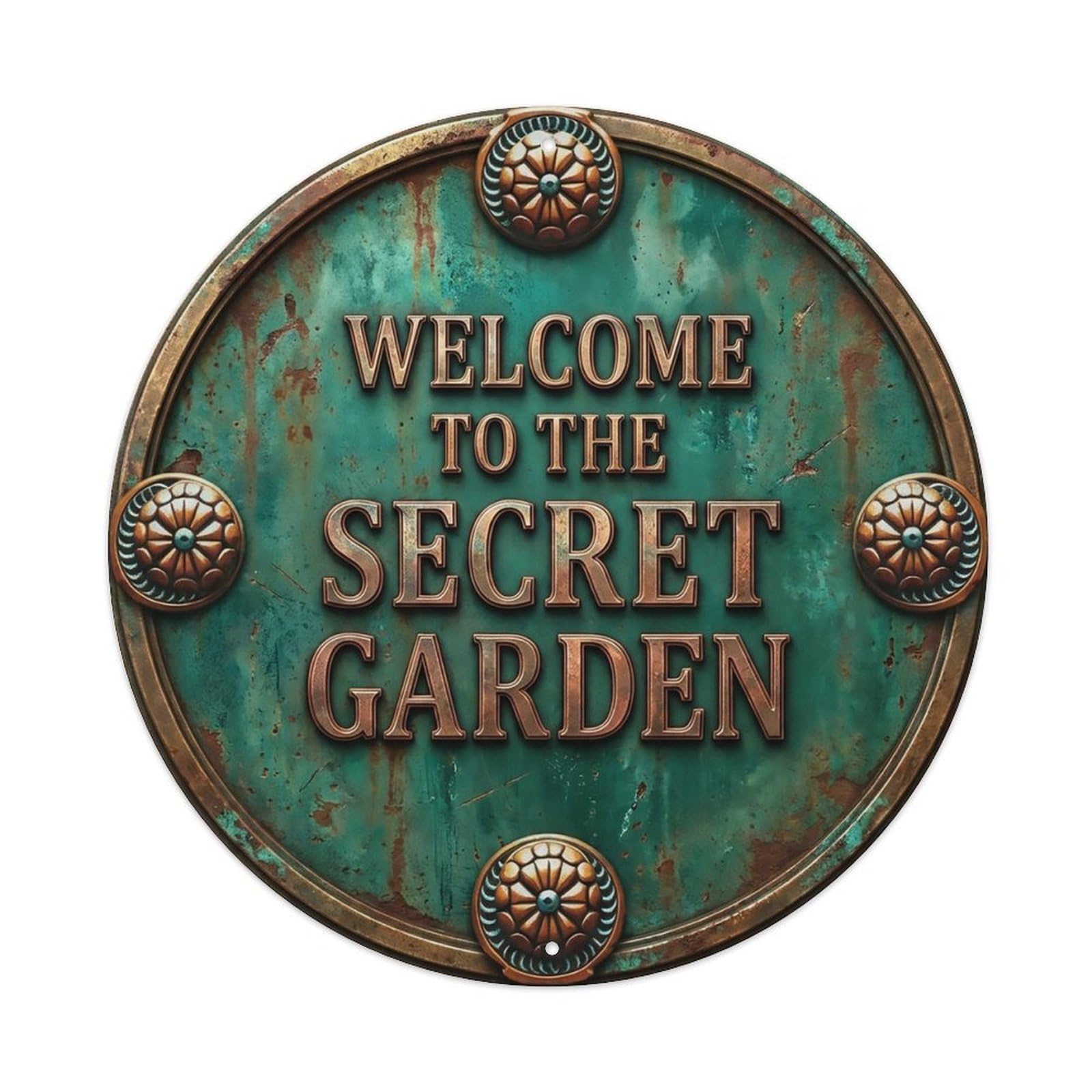 Vintage Welcome Secret Garden Copper Viridian Aster Metal Tin Sign