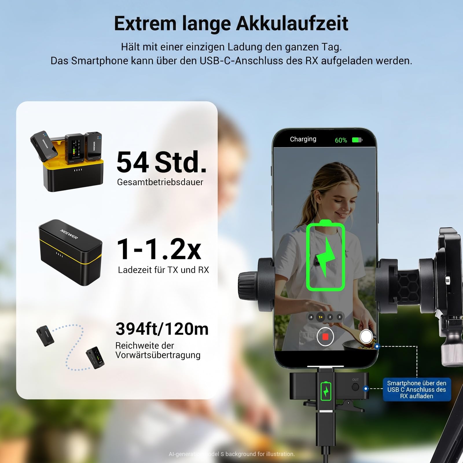NEEWER CM26 MAX AI kabelloses Lavalier Mikrofon kompatibel mit iPhone 17 16 15 Android Kamera PC, USB C Plug & Play, APP Steuerung, 50 Std. Gesamtakkulaufzeit, 120m Reichweite, Apple MFi Zertifiziert