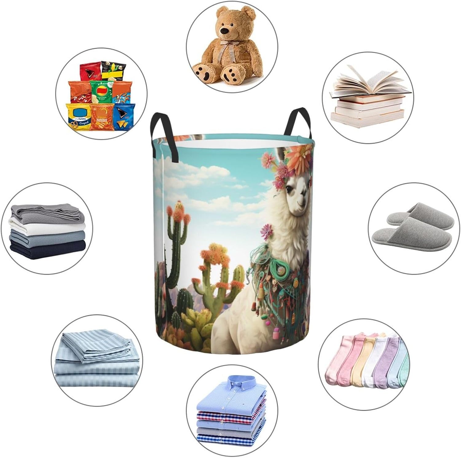 Mexican Llama Cactus Laundry Basket With Handles, Foldable Laundry Hamper Oxford Cloth Dirty Clothes Basket Waterproof Clothes Toys Storage Bin Organizer for Bedroom Bathroom Dorm