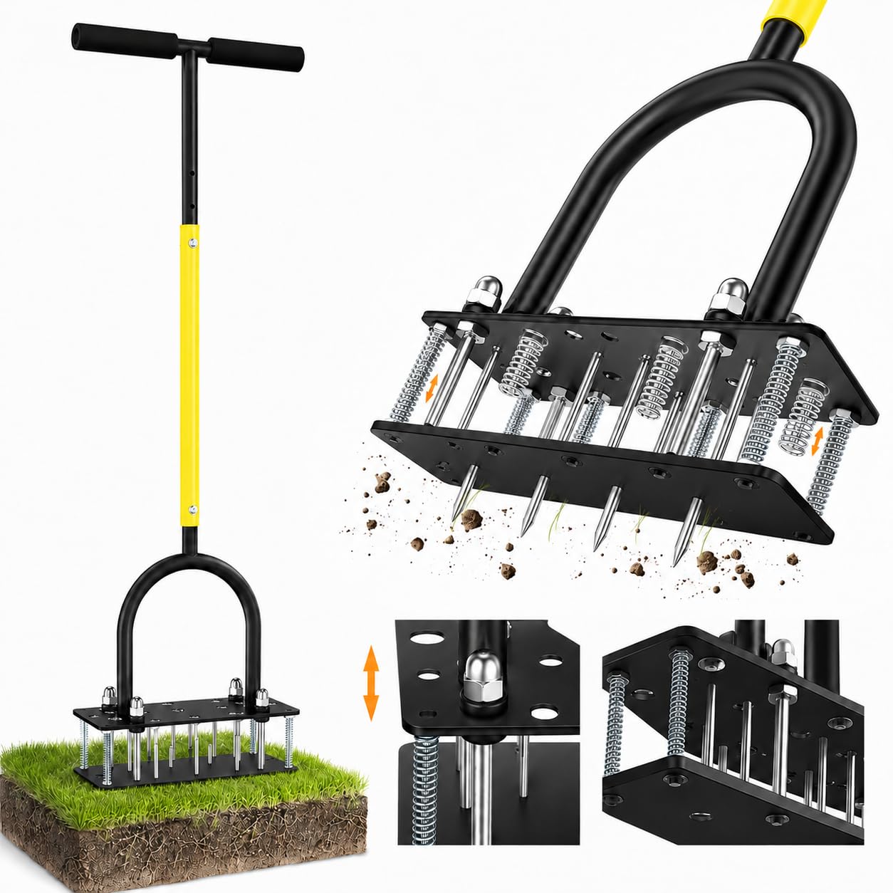 Photo 1 of Aerator Lawn Tool with 15 Sharp Metal Spikes,Adjustable T-Handle & Auto-Cleaning Spring Plate, Manual Heavy Duty Anti-Clog Grass Aerator for Compact Soil,Grass,Yard, Lawn Care