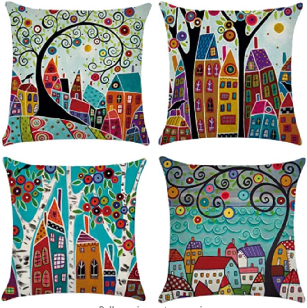 KASTWAVE Throw Cushion Covers Square Pillow Covers Soft Linen Pillowcases Abstract House Set of 4 for Living Room Sofa Bedroom with Invisible Zipper 18x18 Inches