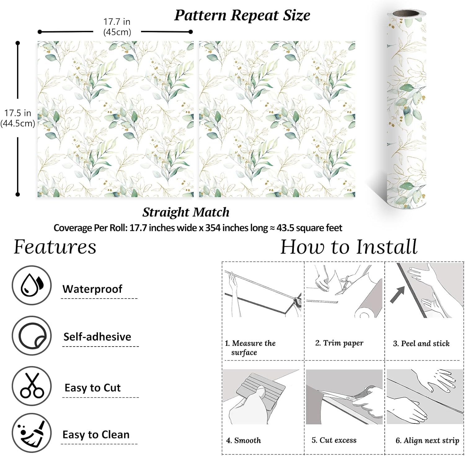 VEELIKE Boho Eucalyptus Wallpaper Peel and Stick Gold Green Leaf Wallpaper for Bathroom Nursery Bedroom 17.7''x354'' Renter Friendly Removable Wallpaper Green Contact Paper for Cabinets Drawers Shelf