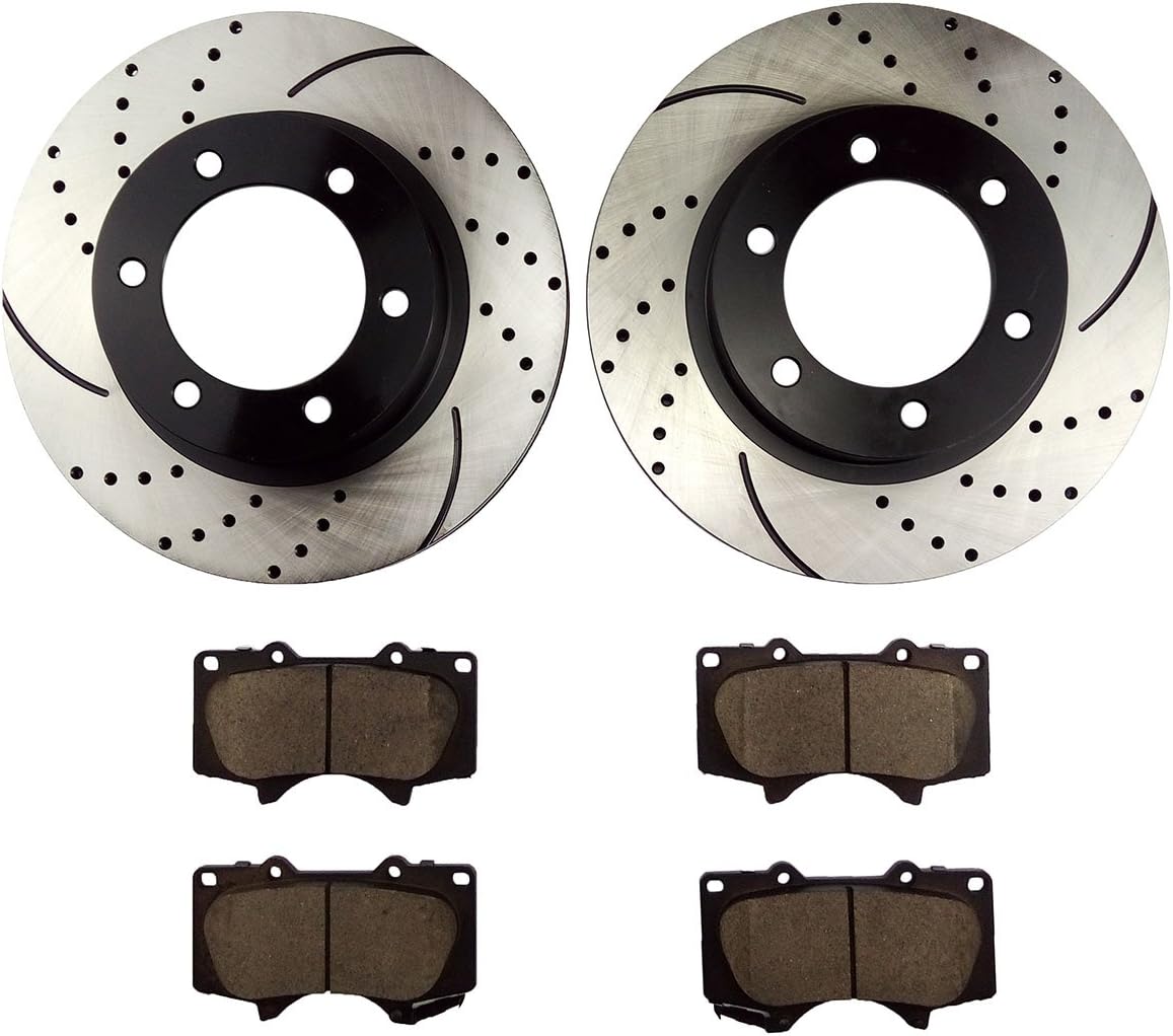 QPD10046 Front Brake kit with Drilled/Slotted Rotors and Ceramic Brake pads for Toyota 4Runner FJ Cruiser Tacoma