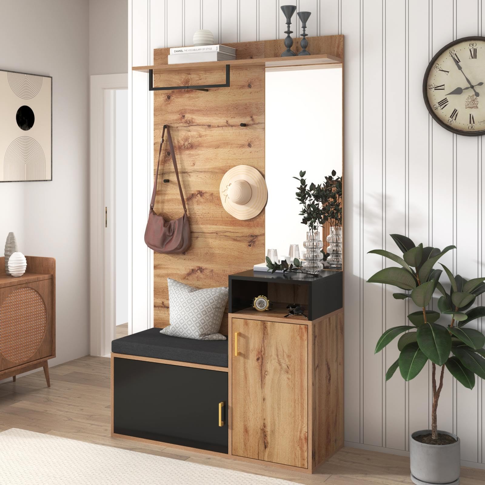 KOMHTOM Buffet à chaussures en grain de bois, armoire de rangement avec crochets, miroir et deux portes, armoire polyvalente pour entrée, couloir, chambre à coucher (C)