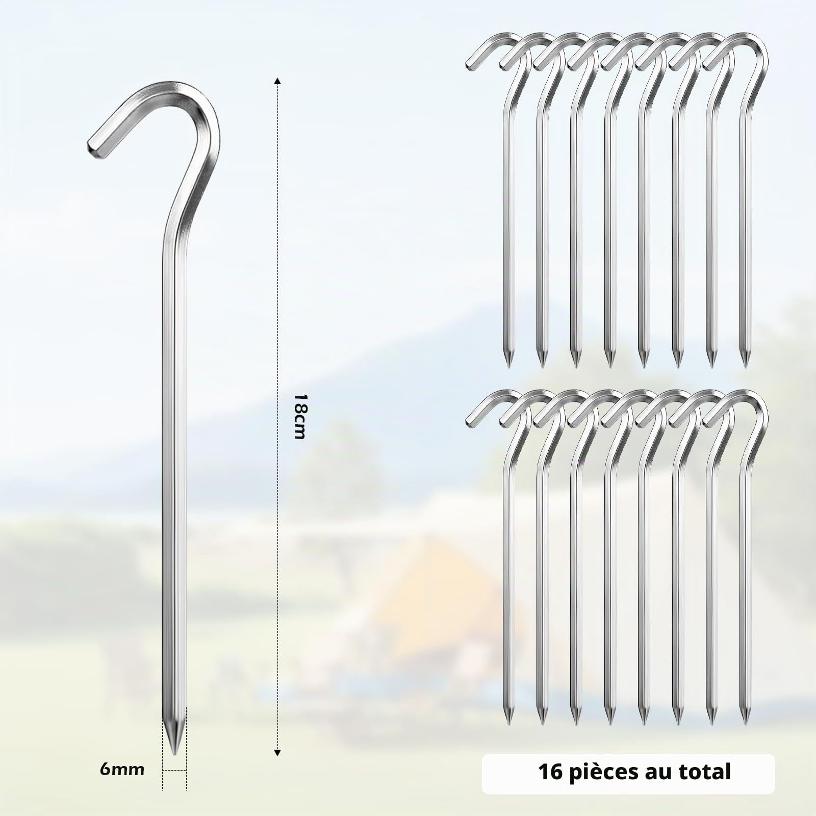 Lot de 16 piquets de tente de camping en aluminium 18 cm, accessoires pour tente