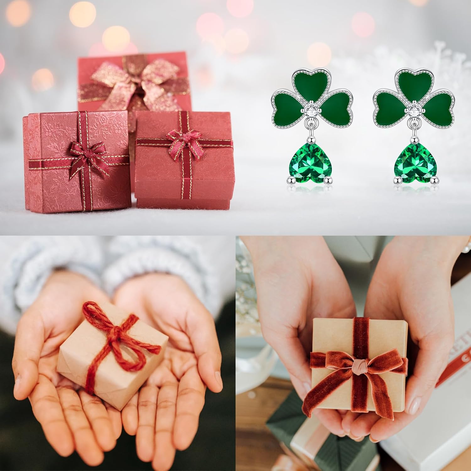 Irish Four Leaf Clover Jewelry for Women:925 Sterling Silver St Patricks Day Shamrock Rings Earrings Green Heart Luck Jewelry Gift for Women