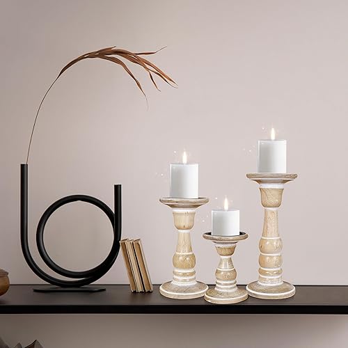 Miniatura 8 de Juego de 3 portavelas de madera (10, 8, 6 pulgadas) Portavelas de pilar hecho a mano Portavelas decorativo de madera de mango rústico para el