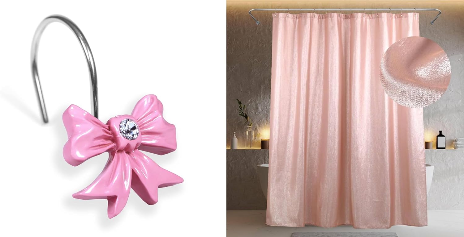 Pink Decorative Shower Curtain Hooks&Blush Pink Shower Curtain- 72x78 Waterproof Washable Linen Style Fabric Shower Curtain - 12 PCS Rust Proof Metal Shower Curtain Rings (2 Item Bundle)