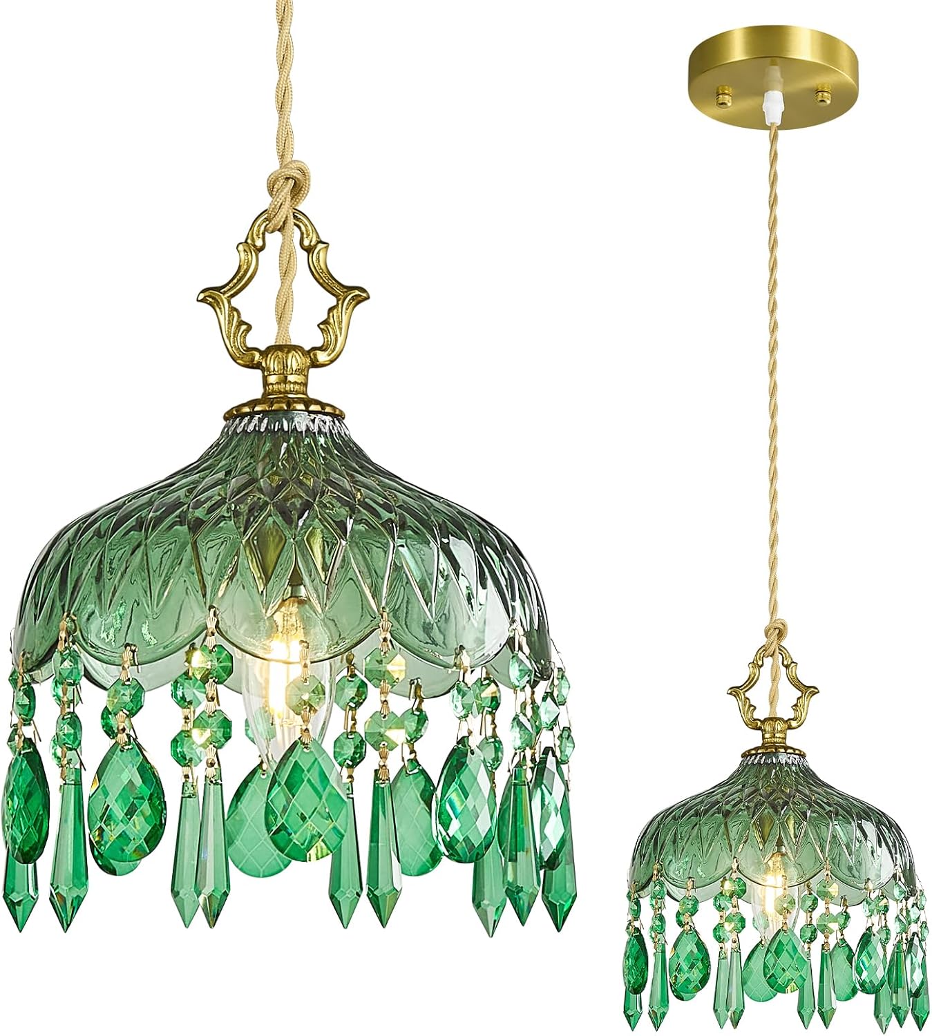 Brass Vintage Pendant Light Blue Crystal Hanging Light Fixtures,Adjustable Height Blue Glass Pendant Lights for Kitchen Island Dining Room Living Room Bedroom Hallway(Blue,1-Pack)