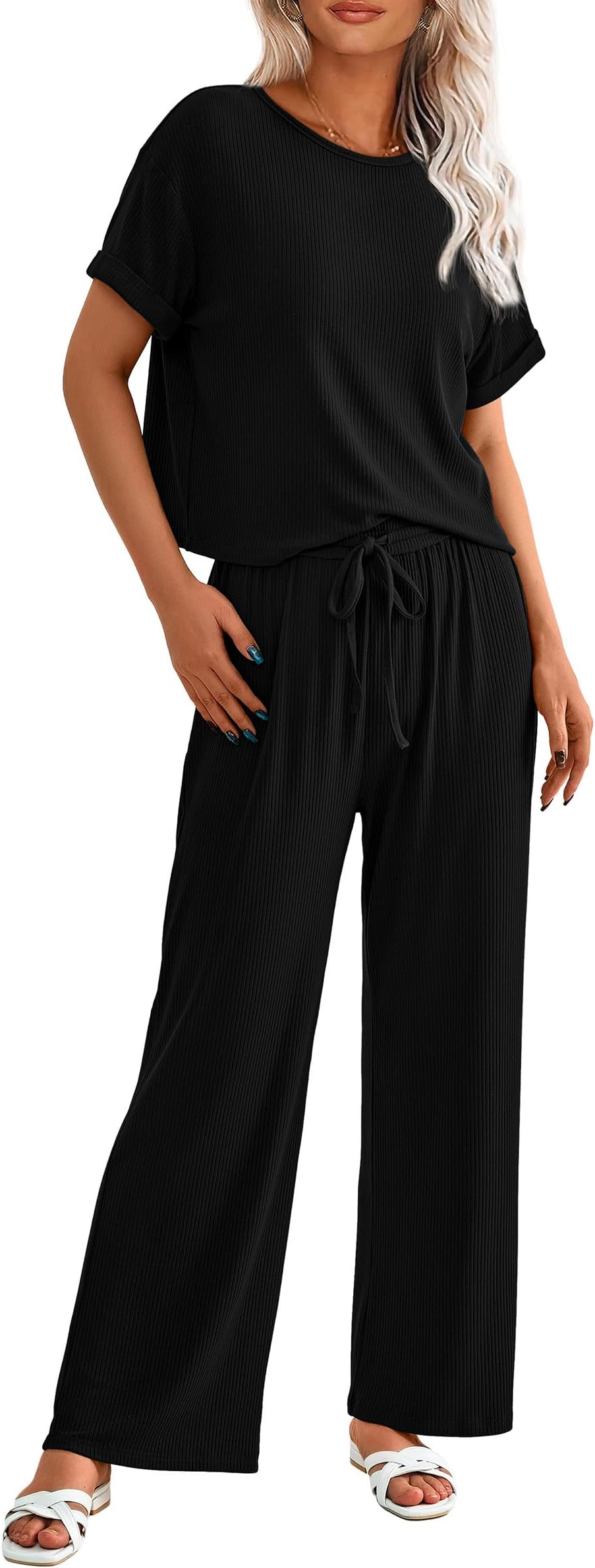 PRETTYGARDENWomen's Summer 2 Piece Knit Loungewear Short Sleeve T Shirts Wide Leg Pants Tracksuit Casual Outfits