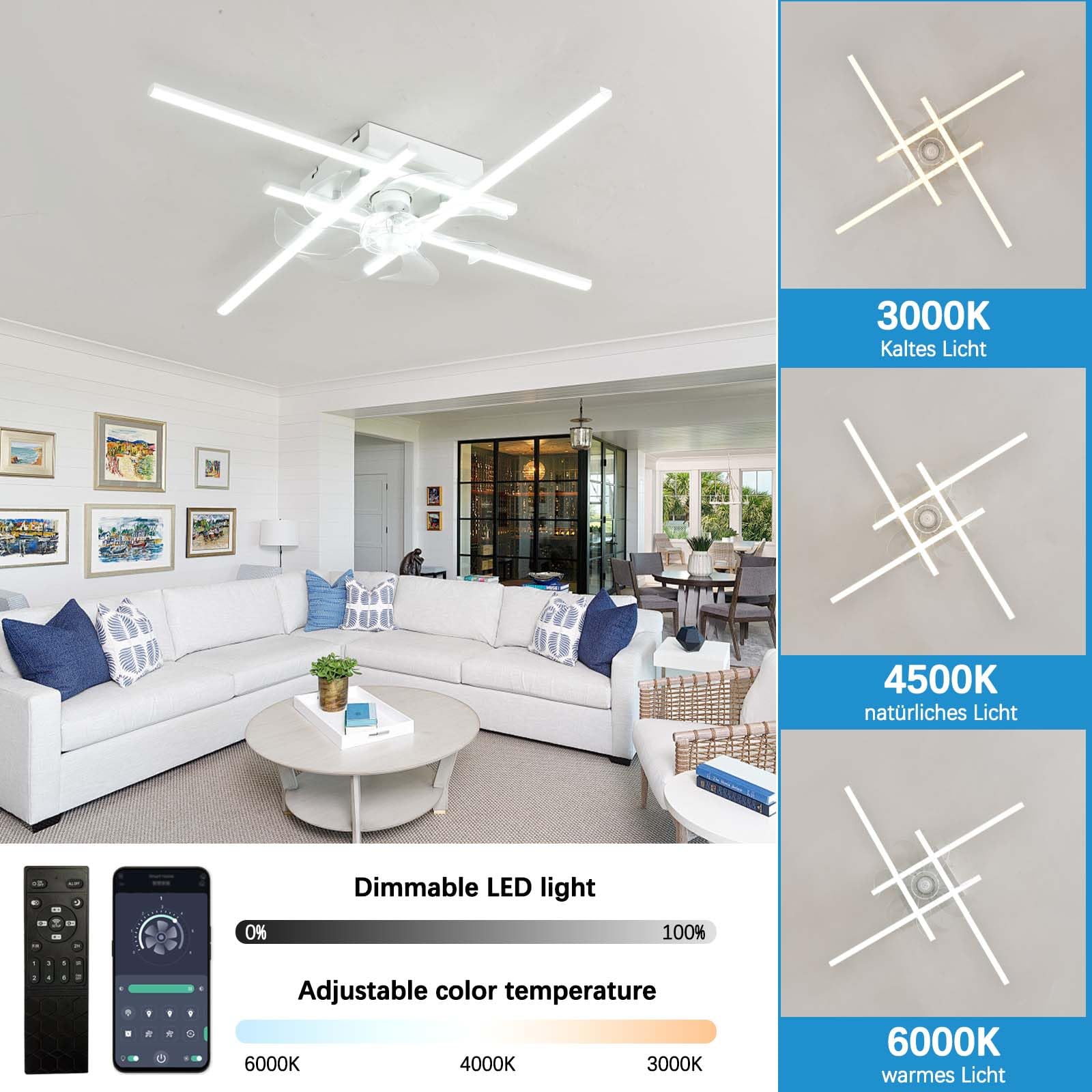 Ventilatore da Soffitto Silenzioso,Reversibile,6 Velocità,Tempistica,Plafoniera con Ventilatore con Telecomando e APP,Memoria,Ventilatori Dimmerabile,per Camere da Letto Soggiorno-White